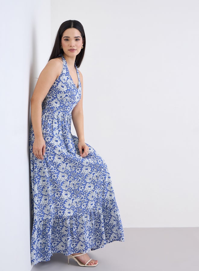 Styli Printed Halter Neck A-Line Maxi Dress - Image 1