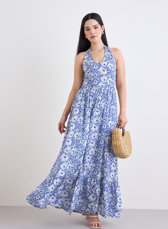 Styli Printed Halter Neck A-Line Maxi Dress - Image 2
