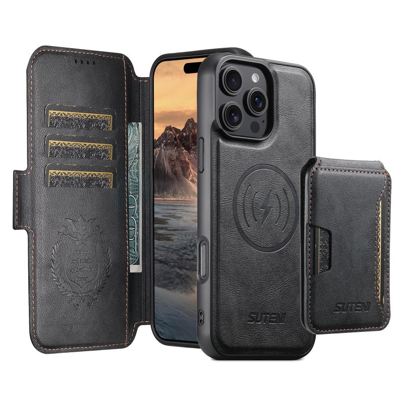 Suteni For Iphone 14 Plus Q06S3 3-In-1 Splicing Detachable Vertical Flip Wallet Magsafe Leather Phone Case(Black) - Image 2