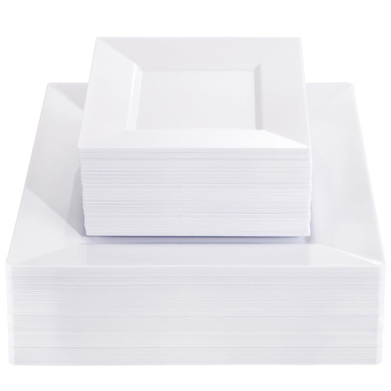 Liacere 100PCS White Square Plastic Plates  50PCS Heavy Duty 95inch White Dinner Plates and 50PCS 6inch White Dessert Plates  Durable Fancy White Disposable Plates for Party  Wedding