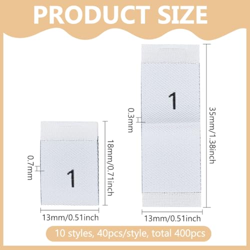 BENECREAT 400PCS 10 Styles Polyester Clothes Size Labels White Clothing Garment Accessories Clothing Sewing Tags for Dresses Jumpsuits Shirts Blouses or Napkins Number Sizes 110 - Image 3