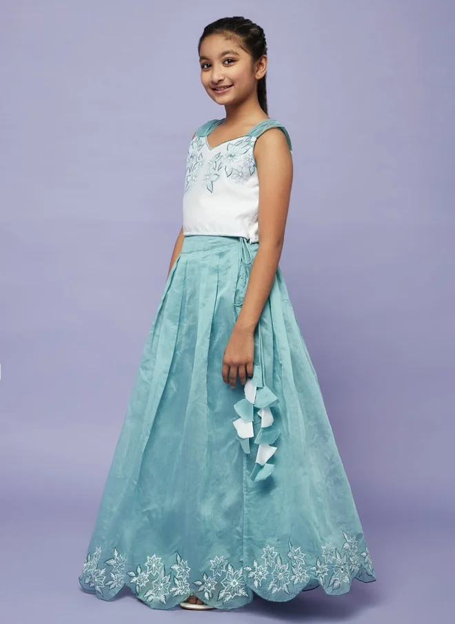 AKS Blue Floral Embroidered Lehenga Choli for Girls
