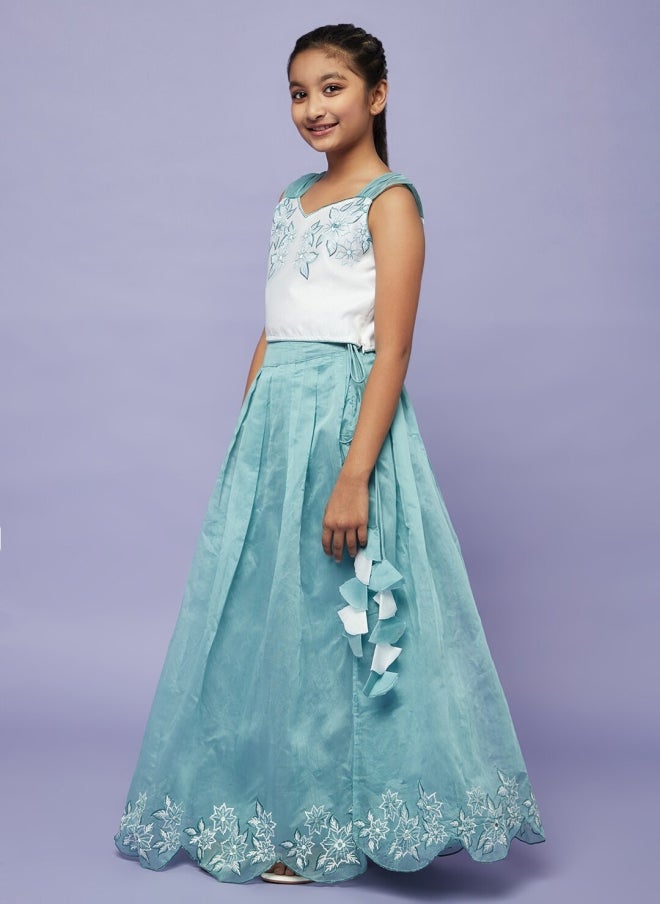 AKS Blue Floral Embroidered Lehenga Choli for Girls - Image 5