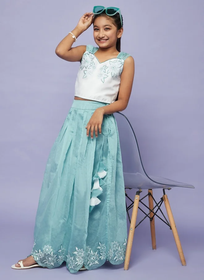 AKS Blue Floral Embroidered Lehenga Choli for Girls
