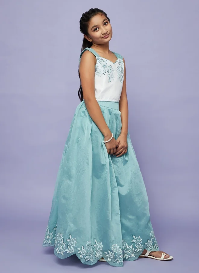 AKS Blue Floral Embroidered Lehenga Choli for Girls
