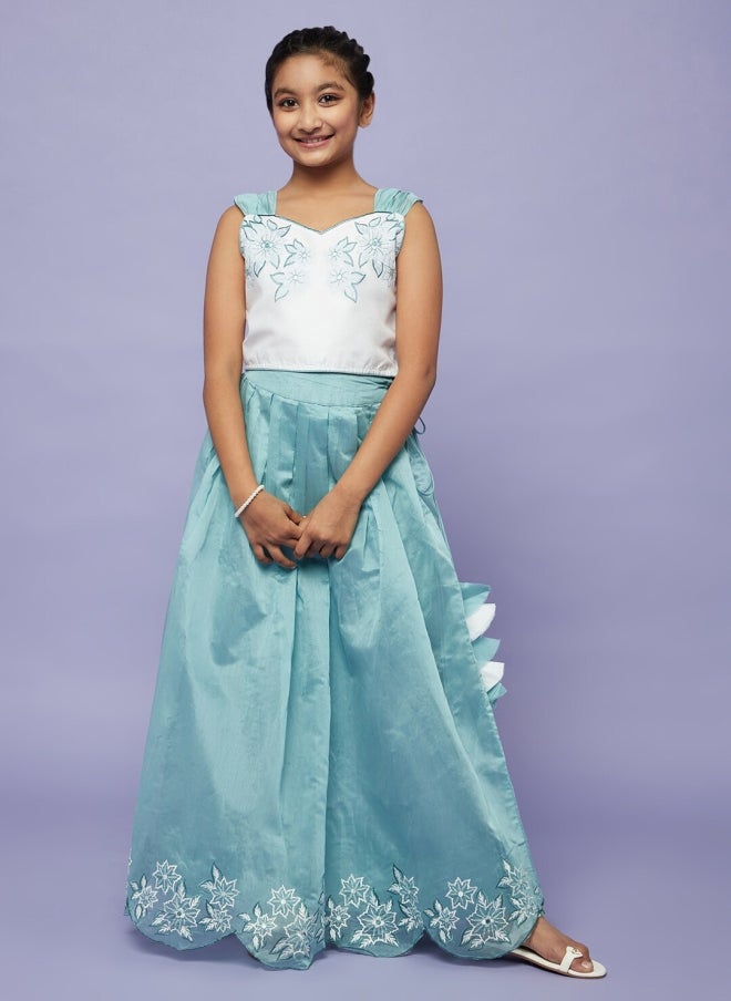 AKS Blue Floral Embroidered Lehenga Choli for Girls - Image 1