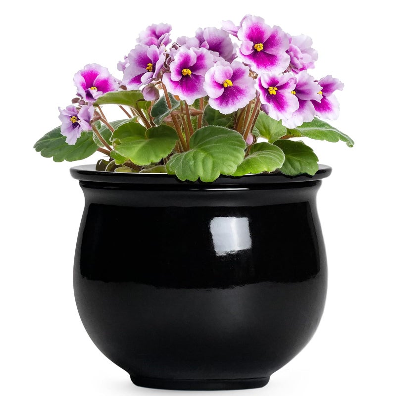 Teagas Ceramic African Violet Self Watering Pots, 6 Inch Self Watering Plant Pot with Absorbent Inner Pot, Flower Pots for Indoor Plants, Round Ceramic Planter, Home Decor, Plant Lover Gifts, Black - Image 1