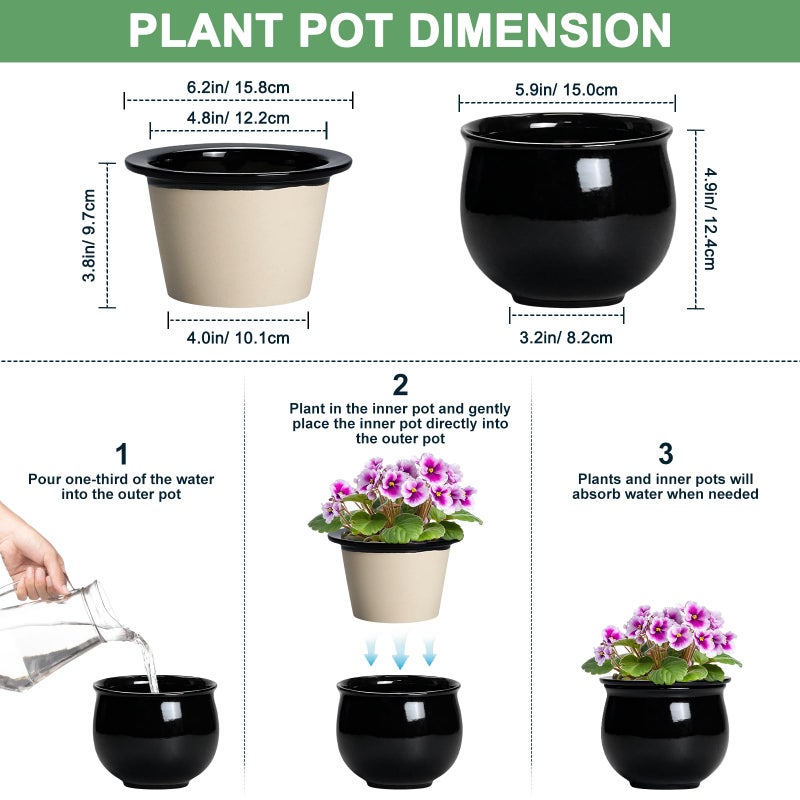 Teagas Ceramic African Violet Self Watering Pots, 6 Inch Self Watering Plant Pot with Absorbent Inner Pot, Flower Pots for Indoor Plants, Round Ceramic Planter, Home Decor, Plant Lover Gifts, Black - Image 2