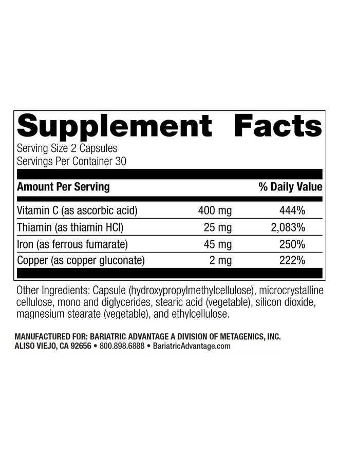 بارياتيك أدفانتج حديد بارياتريك أدفانتج 45 ملغ مع فيتامين سي والثيامين والنحاس لزيادة الامتصاص والاستخدام، سهل الهضم لمرضى جراحة تحويل مسار المعدة وتكميم المعدة - 60 قرصًا - Image 2