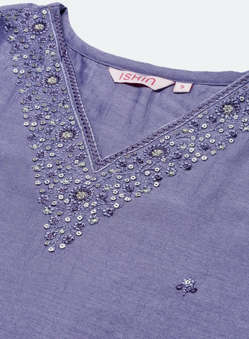 ISHIN Women's Purple Polyester Blend Embellished Tunic Full Length Casual Straight Fit Kurta Set