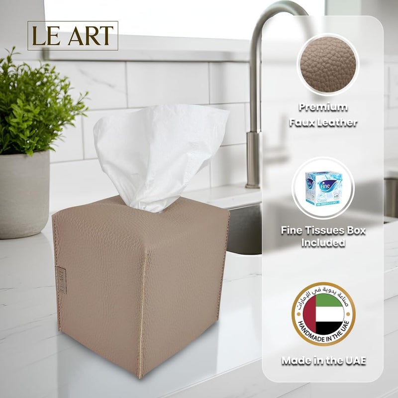 لي آرت ليارت غطاء وحامل علبة المناديل الجلدية – ديكورات منزلية لغرفة المعيشة وغرفة النوم والمكتب، غطاء علبة المناديل للسيارة (مكعب رملي) - Image 1