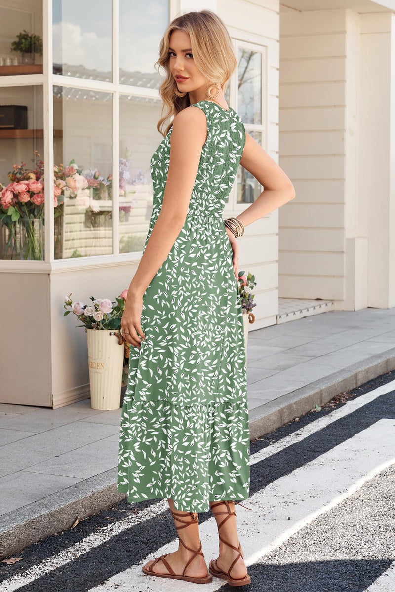 AUSELILY Women's Sleeveless Maxi Dress Summer Sundress Smocked Empire Waist Crew Neck Sun Dresses 2026 New, Olive Green Leaves M - Image 5