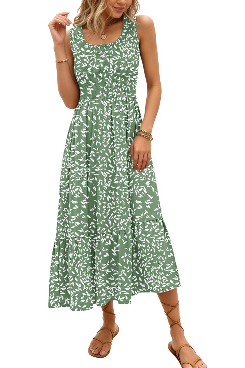 AUSELILY Women's Sleeveless Maxi Dress Summer Sundress Smocked Empire Waist Crew Neck Sun Dresses 2026 New, Olive Green Leaves M - Image 1
