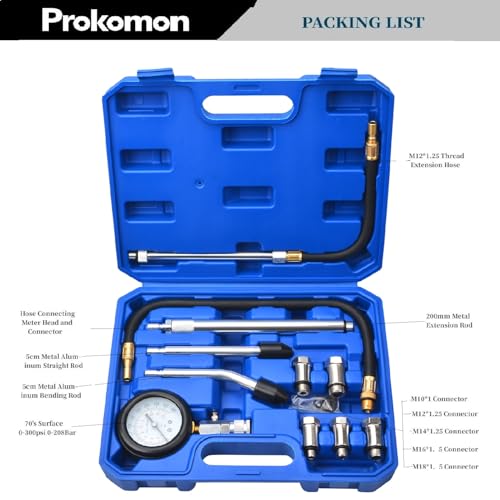 Prokomon Petrol Gasoline Engine Compression Tester Kit; 300 Psi Engine Cylinder Compression Tester with M10 M12 M14 M16 M18 - Image 2
