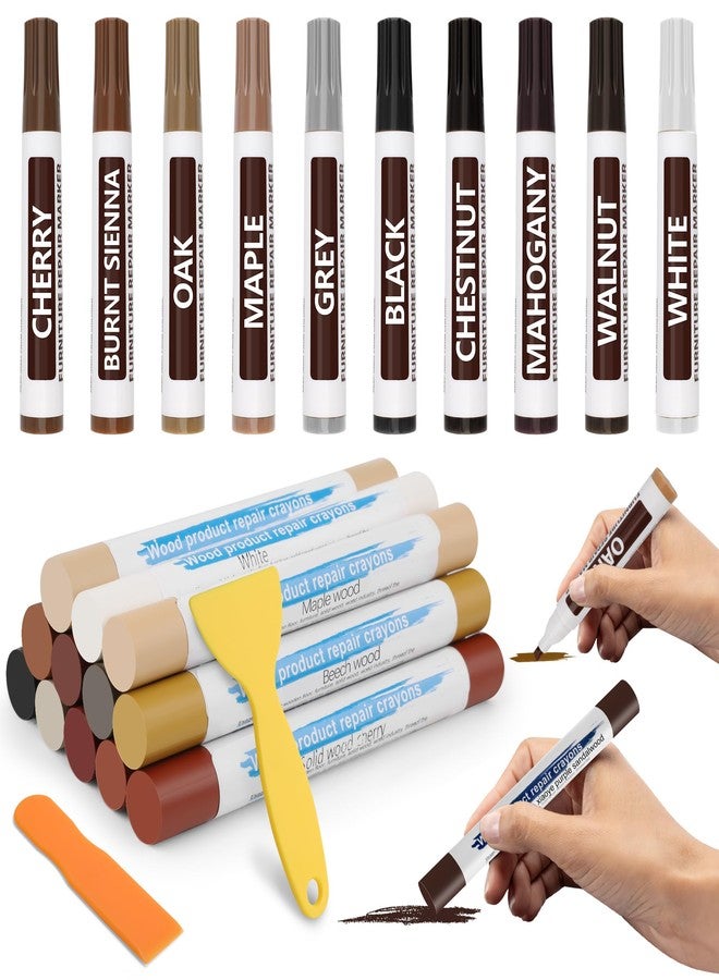Windspeed 22 Colors Wood Filler Sticks, Windspeed 10 Color Furniture Repair Wax Sticks 10 Color Wood Touch-Up Markers Putty Stick for Furniture Scratches, Holes in Baseboards Tables with 2 Scrapers - Image 1
