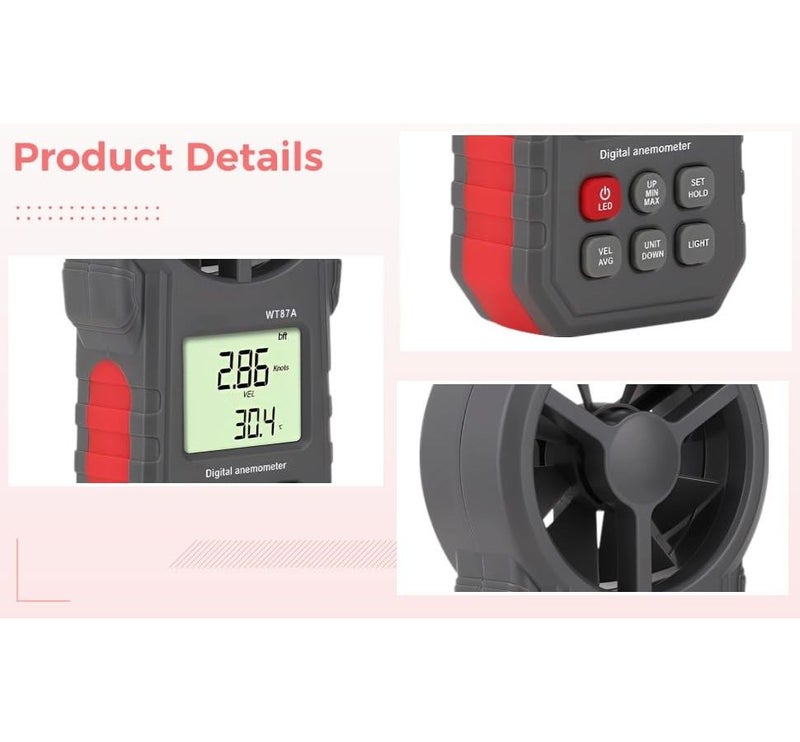 WT87A High Precision Handheld Anemometer Digital Wind Speed Meter With Max Min Avg Readings Backlit LCD Screen Multi Unit Display For Wind Temperature Measurement For Outdoor Use - Image 5
