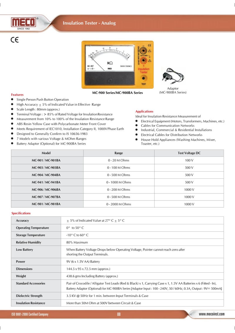 MECO ELEVERDE MECO Mc 903 M Ohms Corded Electric Analog Insulation Tester, Yellow - Image 3