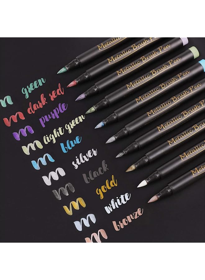 أكس سبرينج أقلام تحديد فرشاة معدنية 10 ألوان آمنة وغير سامة أقلام تحديد شاربي معدنية أقلام تحديد فنية للخط والكتابة بالفرشاة والورق الأسود والرسم على الصخور وصناعة البطاقات - Image 1