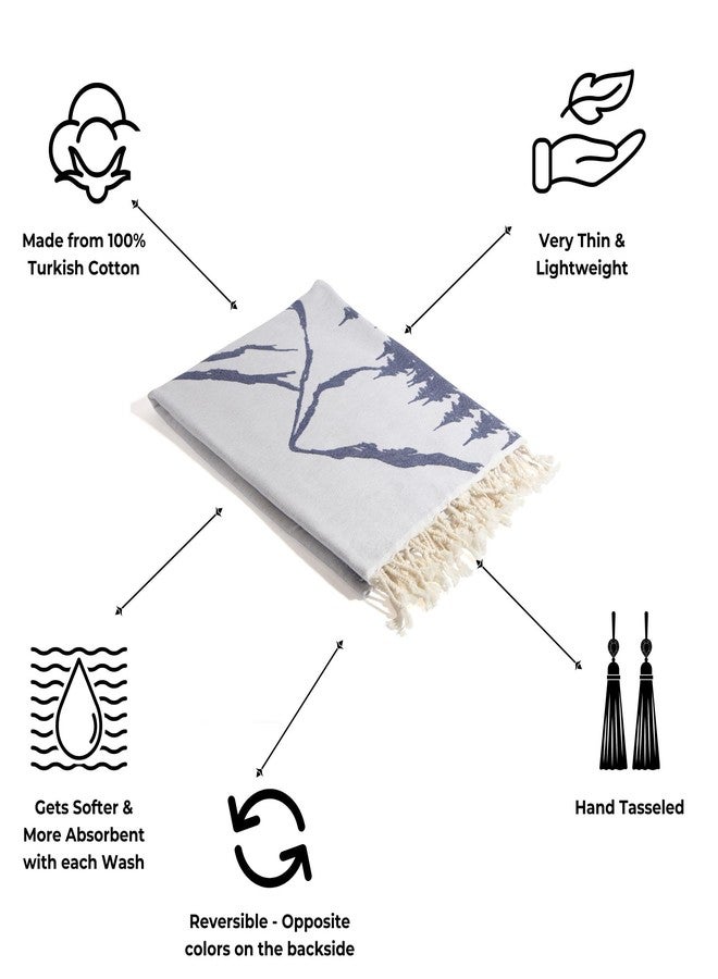 InfuseZen Turkish Towel with Mountain Landscape - 100% Organic Turkish Cotton - Sand Free Quick Dry Beach Peshtemal - Thin Reversible Absorbent Pool Hammam - Plus Size Gym, Travel Fouta (Navy) - Image 2
