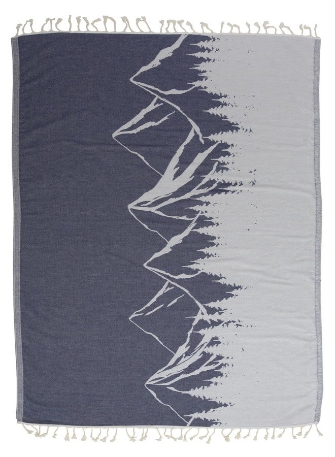 InfuseZen Turkish Towel with Mountain Landscape - 100% Organic Turkish Cotton - Sand Free Quick Dry Beach Peshtemal - Thin Reversible Absorbent Pool Hammam - Plus Size Gym, Travel Fouta (Navy) - Image 1