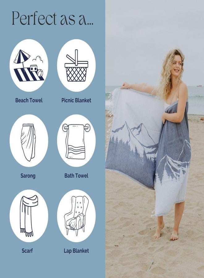 InfuseZen Turkish Towel with Mountain Landscape - 100% Organic Turkish Cotton - Sand Free Quick Dry Beach Peshtemal - Thin Reversible Absorbent Pool Hammam - Plus Size Gym, Travel Fouta (Navy) - Image 5