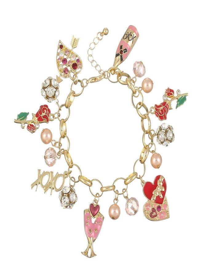 Madison Tyler Valentines Day Charms Gold Plated Rose Bracelet for Women | Pave Rhinestone Heart | Red Rose Imitation Pearl Charms Jewelry for Her | Couples Gifts Valentine's Day, 8.5 inch, Crystal - Image 1