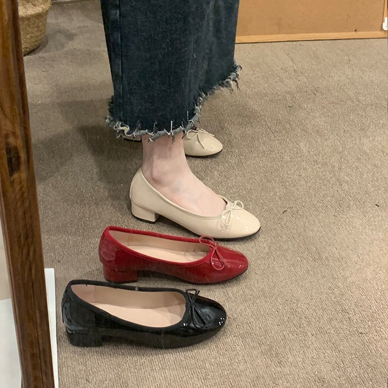 Retro Style Red Thick Heel Shoes 2025 Versatile Bow Shallow Mouth Ballet Flats Scoop Shoes - Image 5