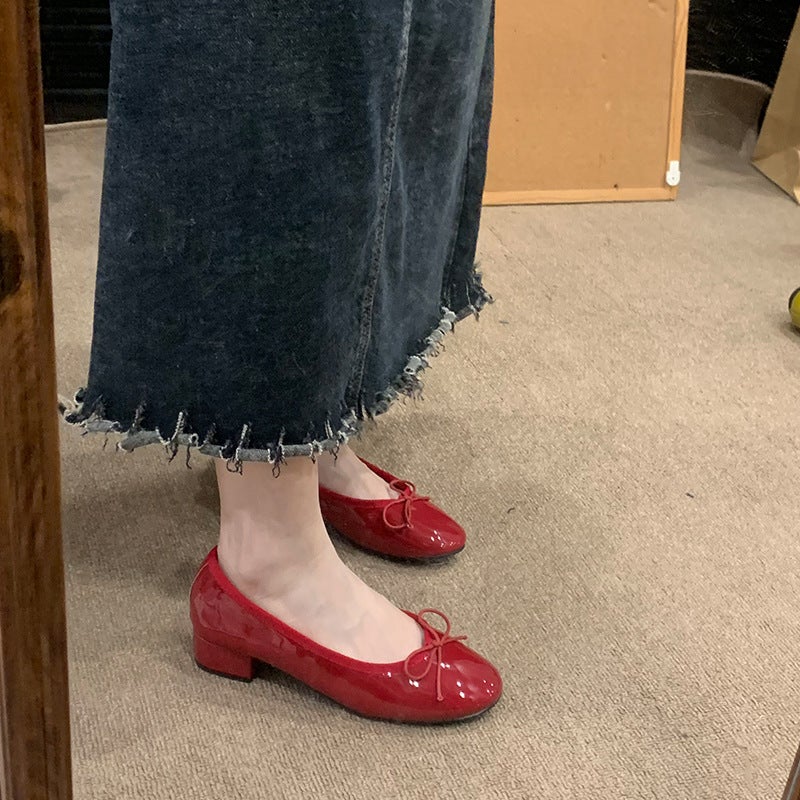 Retro Style Red Thick Heel Shoes 2025 Versatile Bow Shallow Mouth Ballet Flats Scoop Shoes - Image 4