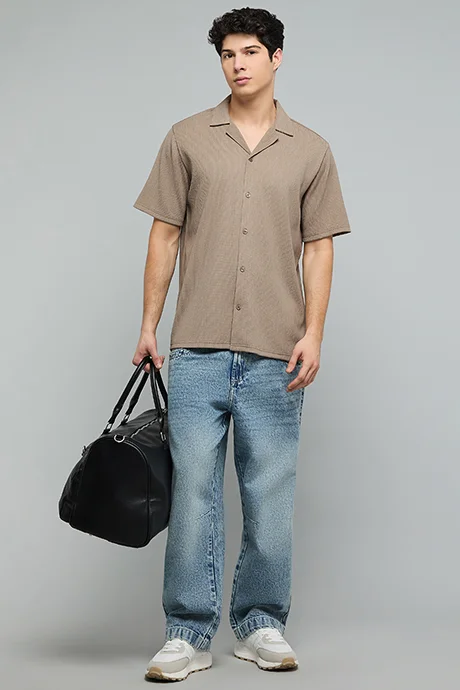 R&B Textured Shirt with Revere Collar and Short Sleeves