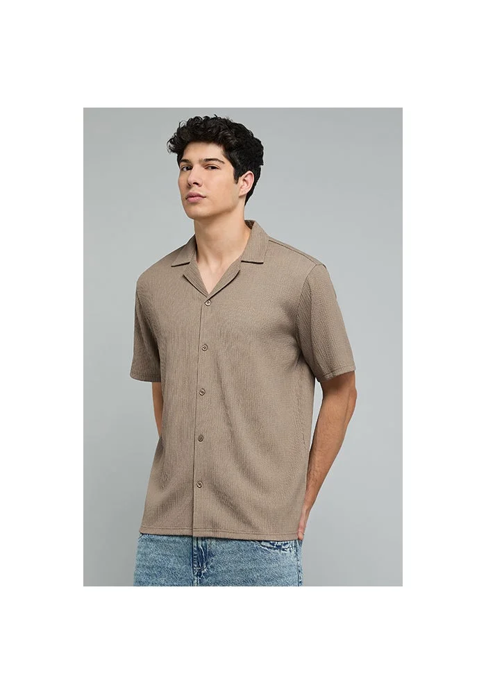 R&b Textured Shirt with Revere Collar and Short Sleeves