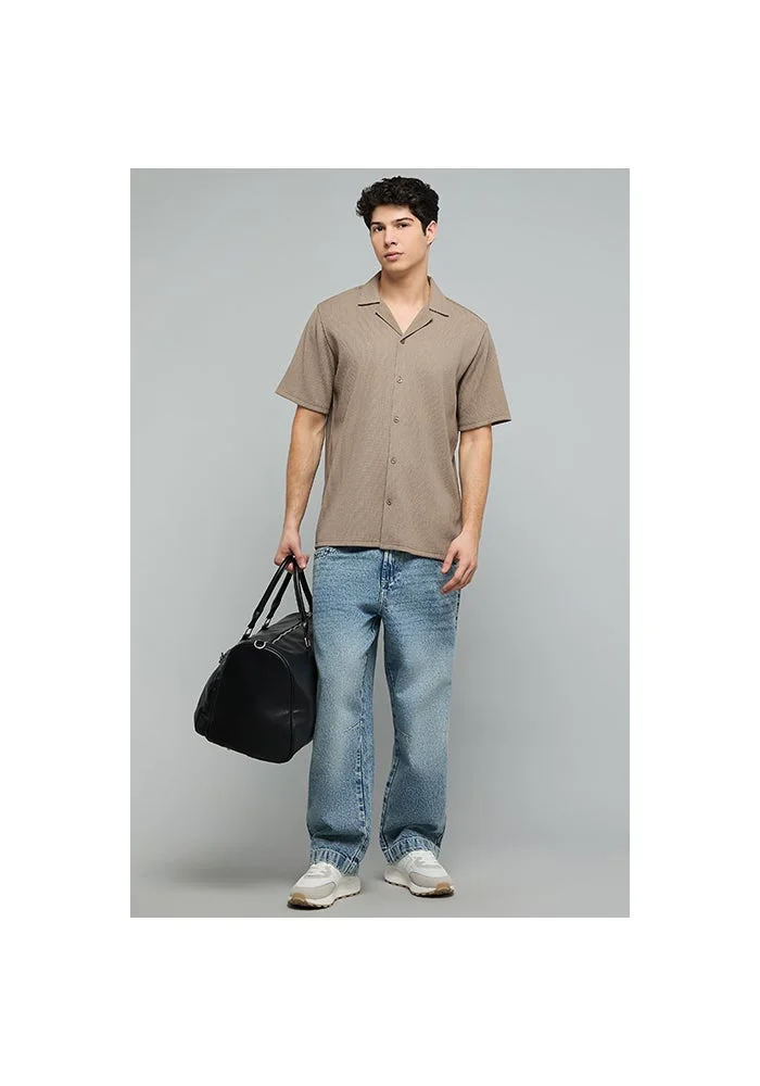 R&b Textured Shirt with Revere Collar and Short Sleeves