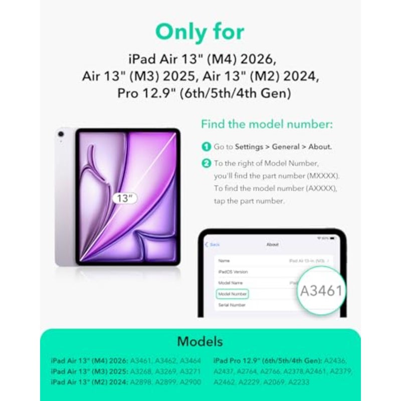 حافظة iPad Air 13 بوصة لأجهزة M4/M3/M2 2026/2025/2024 وiPad Pro 12.9 بوصة: حافظة رفيعة ثلاثية الطي مع ملحق مغناطيسي قوي، سلسلة ارتداد، تدعم قلم Pencil Pro USB-C، بولي كربونات أسود - Image 2