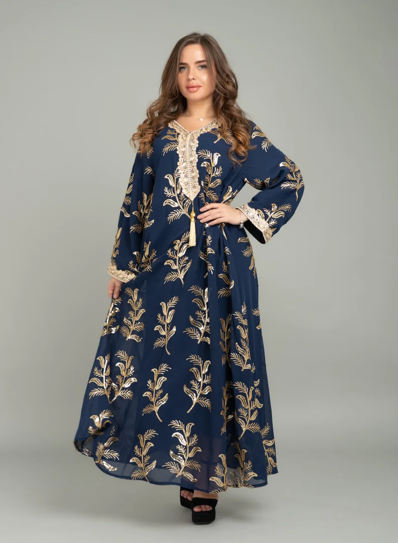 IKKXA Lace Neckline Embroidered Jalabiya CJ1040 Blue