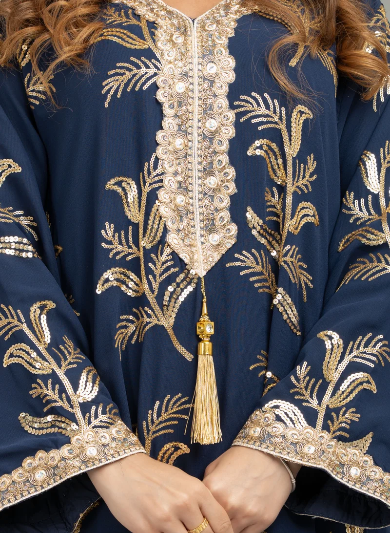 IKKXA Lace Neckline Embroidered Jalabiya CJ1040 Blue