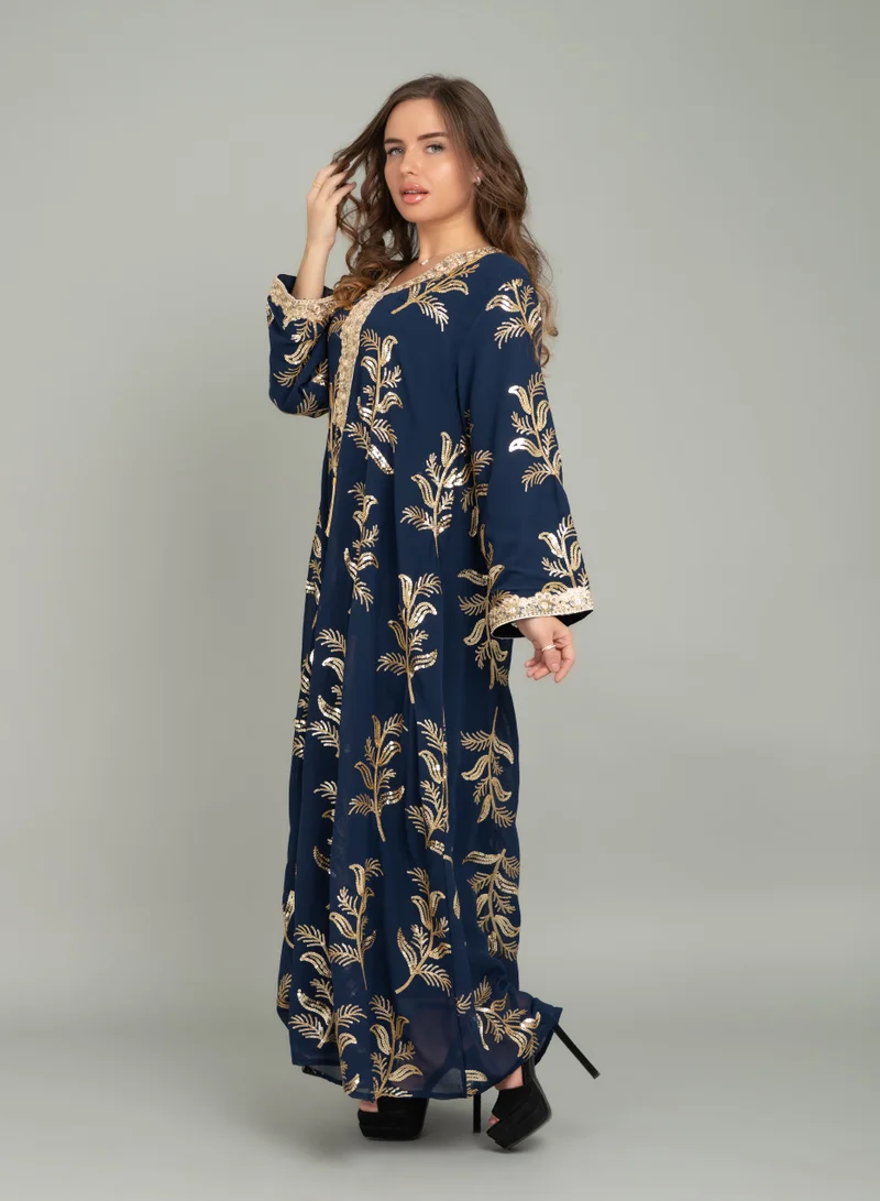 IKKXA Lace Neckline Embroidered Jalabiya CJ1040 Blue