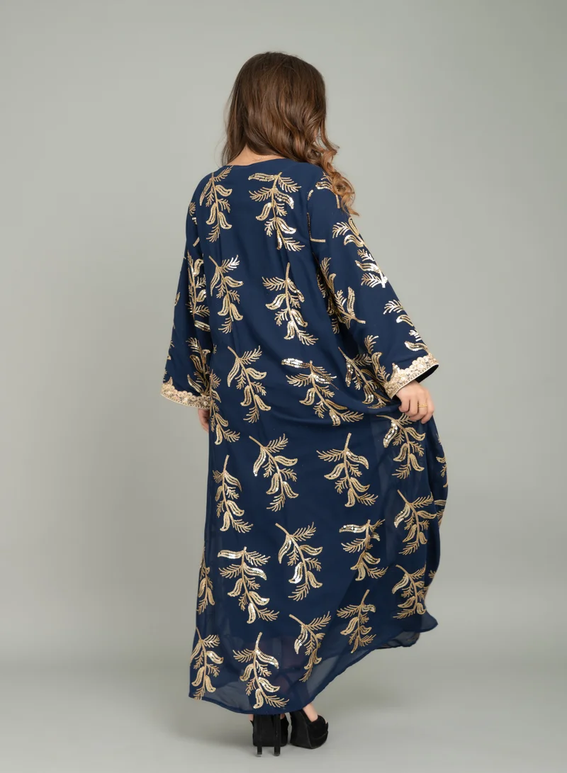IKKXA Lace Neckline Embroidered Jalabiya CJ1040 Blue