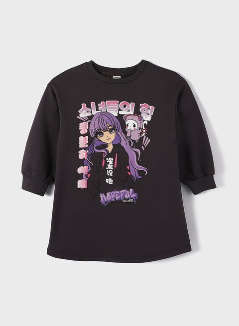 Crew Neck Printed Long Sleeve Girl Dress