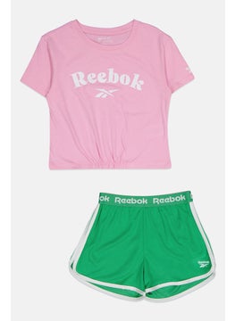 Reebok Kids Girl 2 Piece Graphic Printed Top And Shorts, Pink/Green  - Image 1