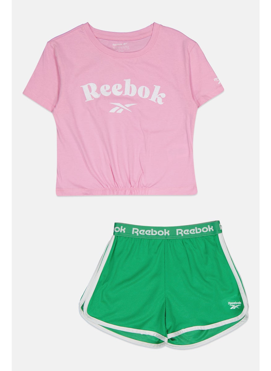 Reebok Kids Girl 2 Piece Graphic Printed Top And Shorts, Pink/Green  - Image 1