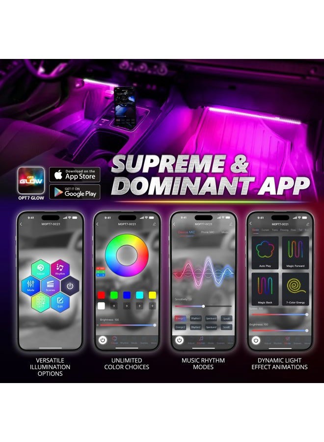 OPT7 Aura PRO Car Interior Lighting Kit Bluetooth Smart-Color LED Strip - 4pc - App Enabled- iOS & Android - Image 2