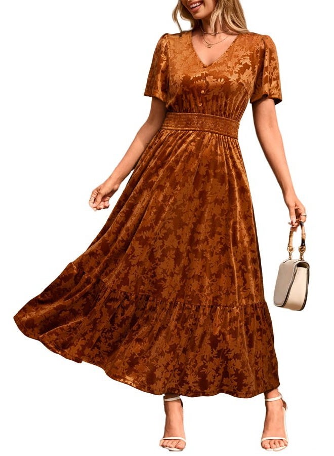 SIMPLEE Womens Fall Velvet Dress Short Sleeve V Neck Floral Maxi Dress Long Formal Winter Wedding Guest Dresses, B-earthly Orange, M - Image 1
