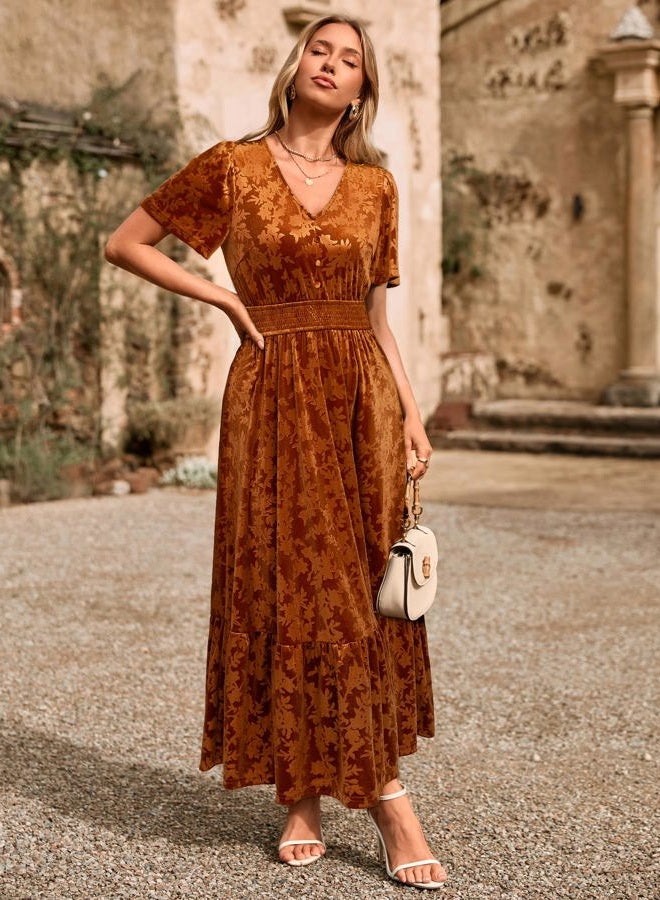 SIMPLEE Womens Fall Velvet Dress Short Sleeve V Neck Floral Maxi Dress Long Formal Winter Wedding Guest Dresses, B-earthly Orange, M - Image 3
