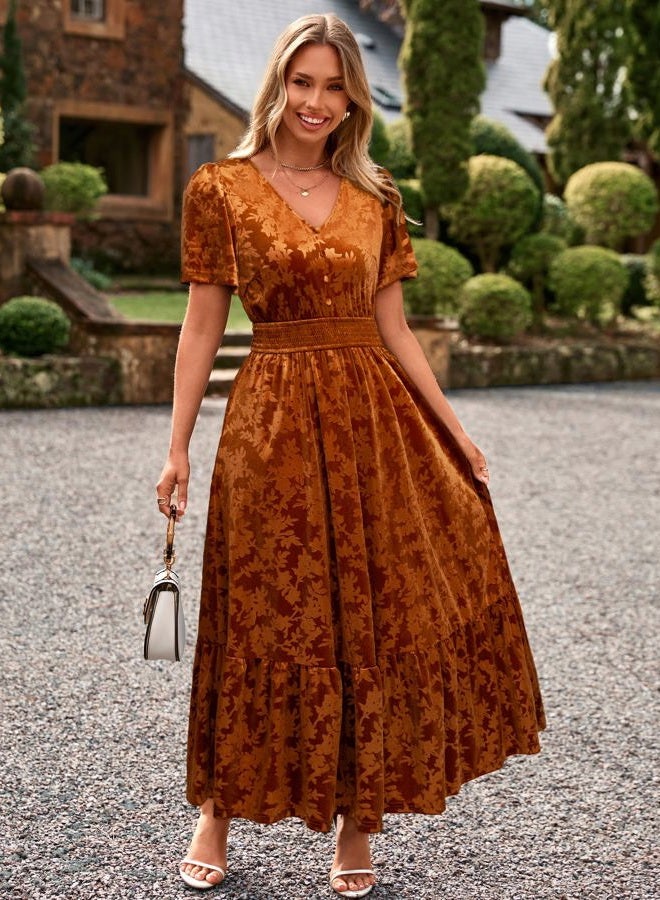 SIMPLEE Womens Fall Velvet Dress Short Sleeve V Neck Floral Maxi Dress Long Formal Winter Wedding Guest Dresses, B-earthly Orange, M - Image 2