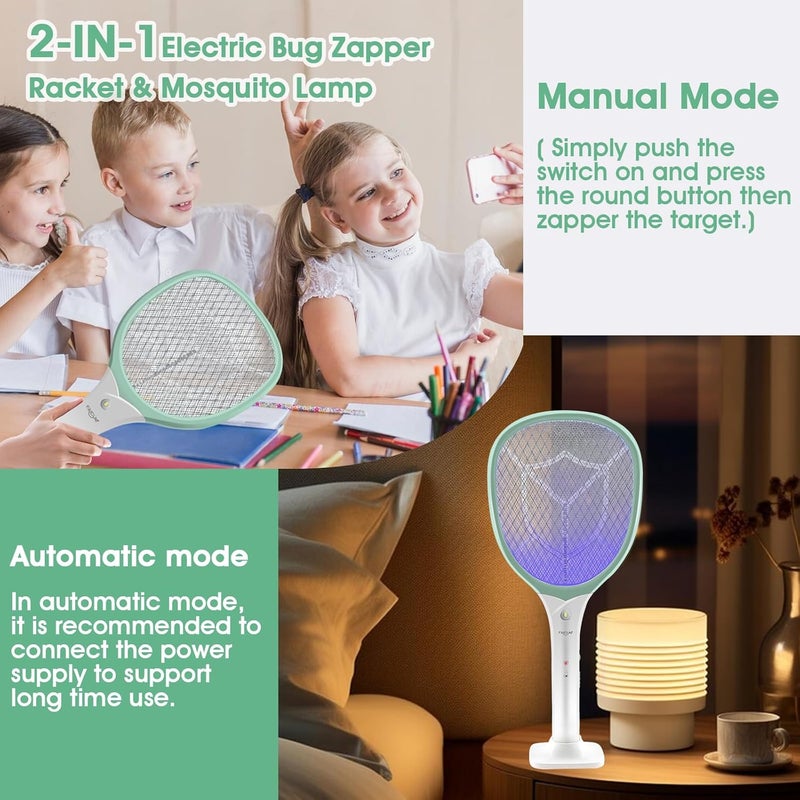 Faicuk Rechargeable Handheld Bug Zapper Racket 2 in 1 Electric Fly Swatter (2 in 1 Green) - Image 4