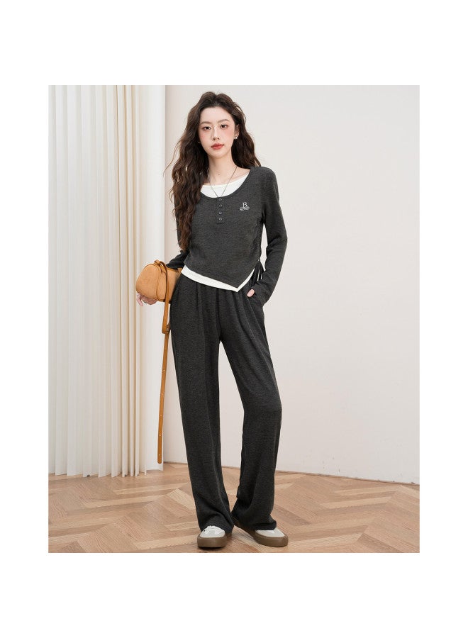 Baleno Fashion Pleats Exquisite Embroidery Fake Two-Piece Long T-Shirt High-Waist Wide-Leg Pants Sporty Casual Suit Women'S Two-Piece Set - Image 5