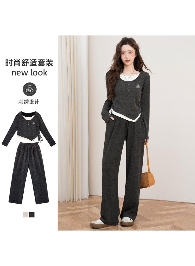 Baleno Fashion Pleats Exquisite Embroidery Fake Two-Piece Long T-Shirt High-Waist Wide-Leg Pants Sporty Casual Suit Women'S Two-Piece Set - Image 3