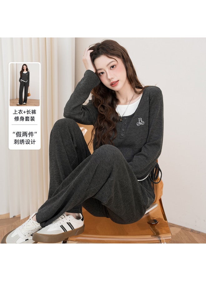 Baleno Fashion Pleats Exquisite Embroidery Fake Two-Piece Long T-Shirt High-Waist Wide-Leg Pants Sporty Casual Suit Women'S Two-Piece Set - Image 2