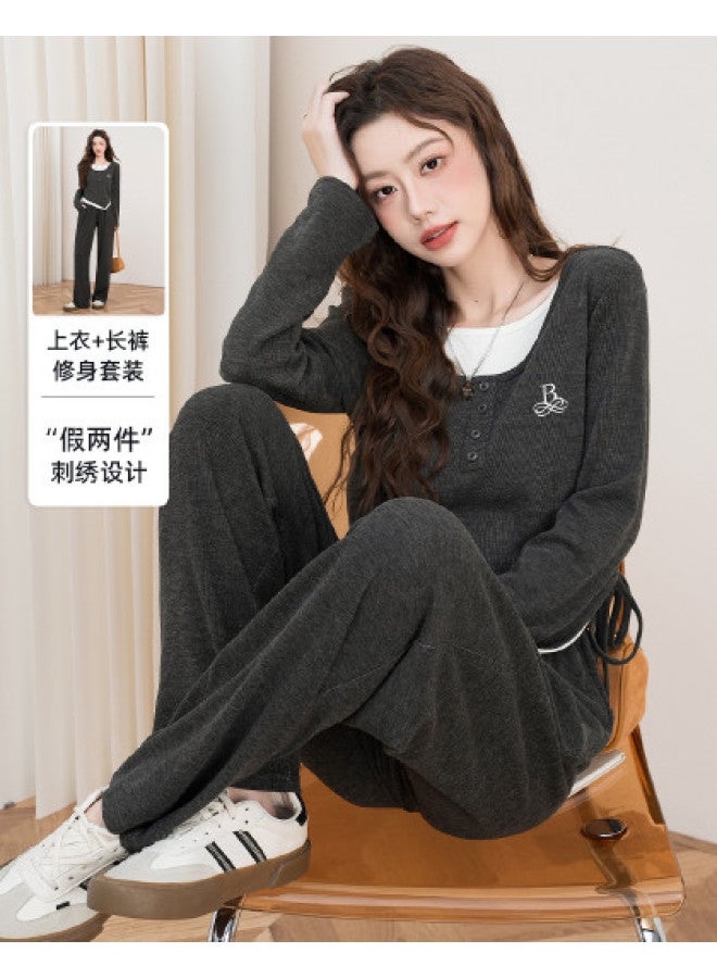 Baleno Fashion Pleats Exquisite Embroidery Fake Two-Piece Long T-Shirt High-Waist Wide-Leg Pants Sporty Casual Suit Women'S Two-Piece Set - Image 1