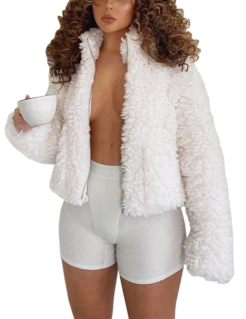 JIKAL Oversized White Fur Coat Long Sleeve Boucle Zip Up Snug Shearling Teddy Faux Fur Jacket with Pockets for Women - Image 1