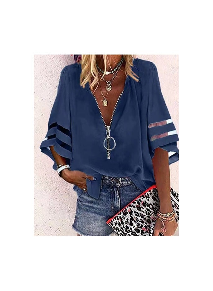 Shougu New V-neck Zipper Shirt Loose Casual Shirt For Women  - Image 1